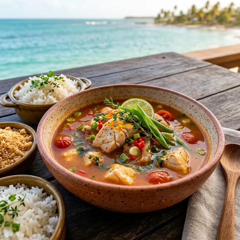 Pimentade de poisson served with rice on a tropical ocean terrace