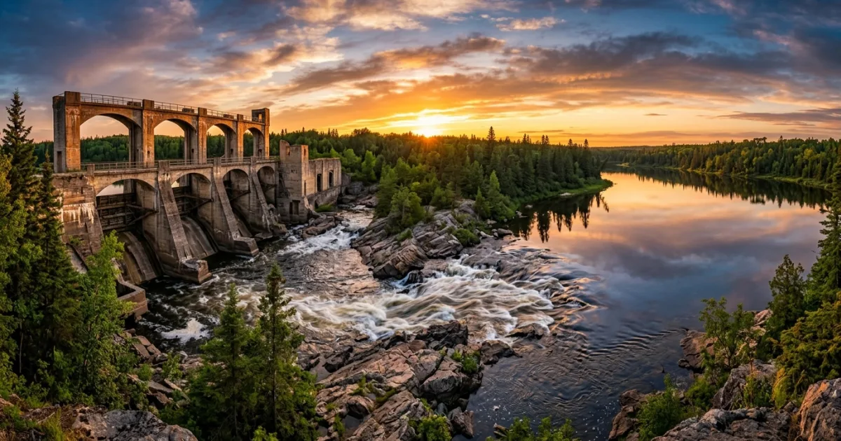 Panoramic view of the historic Pinawa Dam ruins and surrounding river rapids in Manitoba