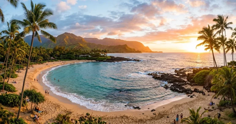Poipu 8 Wide panoramic view of Poipu Beach in Kauai with golden sand, turquoise ocean lagoon, and coconut palm trees at golden hour