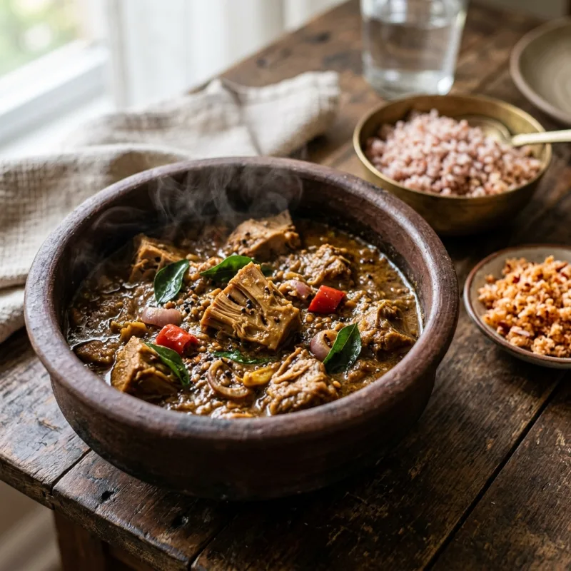 Sri Lankan Polos Curry young jackfruit curry in a traditional clay pot with rice