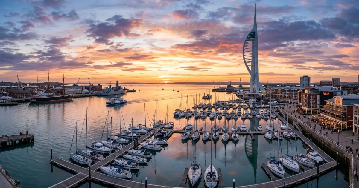Panoramic view of Portsmouth Harbour with Spinnaker Tower and Gunwharf Quays marina at sunset