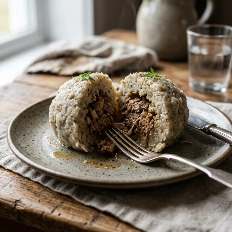 Acadian poutine râpée served on a plate showcasing the traditional potato dumpling and pork filling