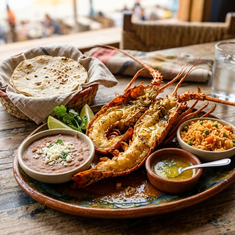 Authentic Puerto Nuevo style lobster served with refried beans, rice, and fresh flour tortillas in Rosarito