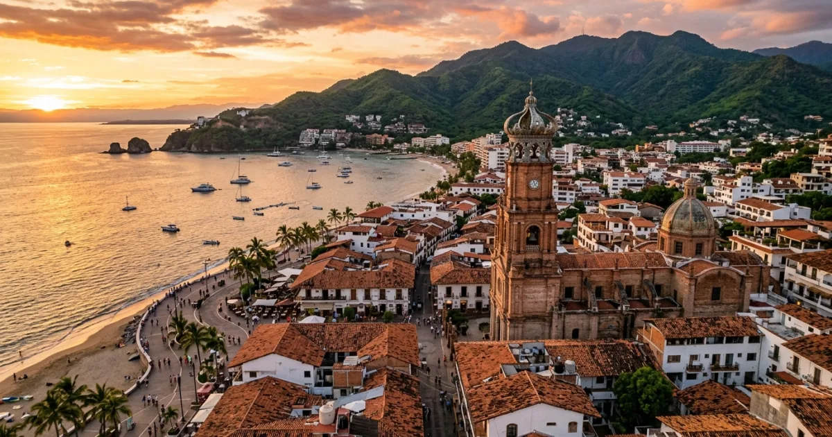 Panoramic sunset view of Puerto Vallarta showing the church tower, historic red roofs, and Banderas Bay