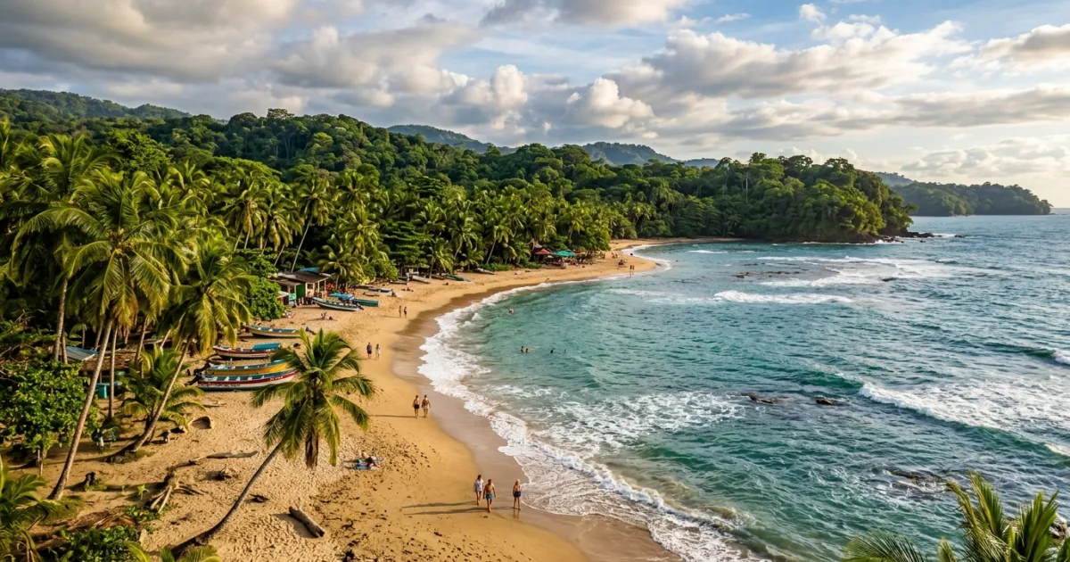 Scenic view of the tropical coastline and lush rainforest in Puerto Viejo, Costa Rica