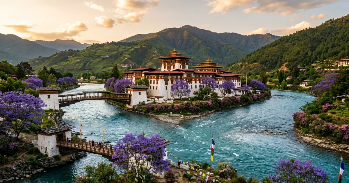 Majestic view of Punakha Dzong at the river confluence in Punakha District Bhutan