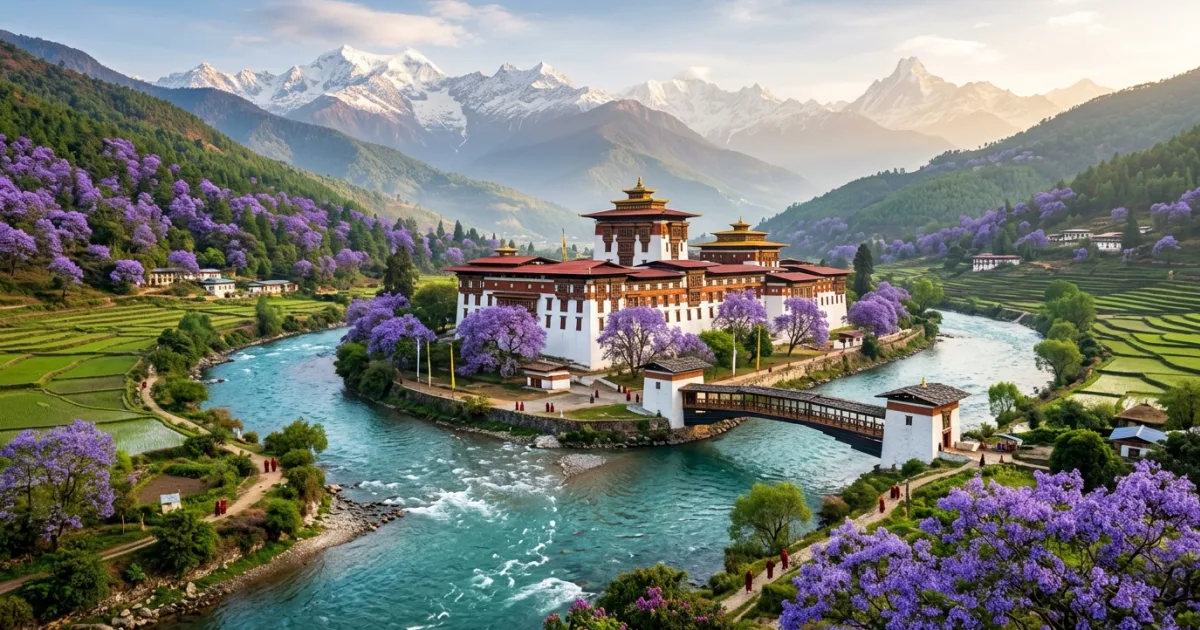 Punakha Dzong fortress beside the river with blooming jacaranda trees in Bhutan