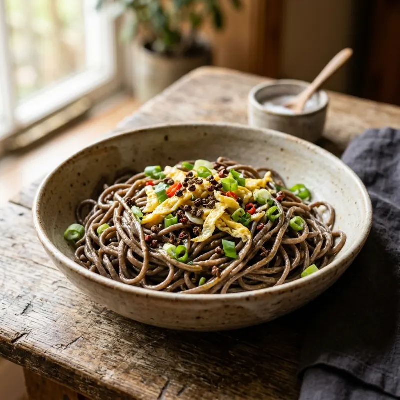 Authentic Bhutanese Puta buckwheat noodles served in a traditional rustic bowl on a wooden table.