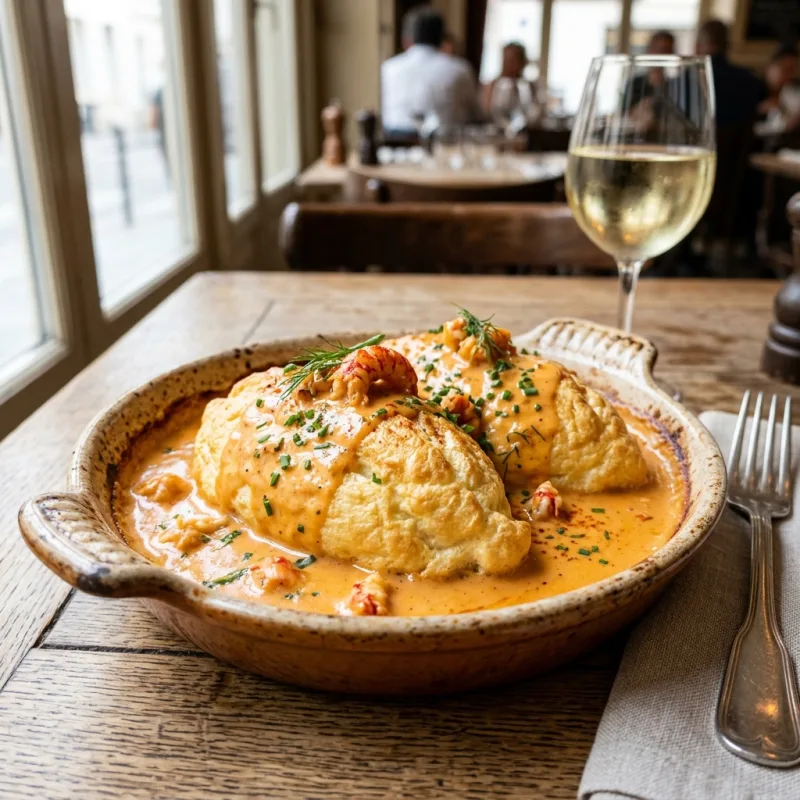 Authentic French Quenelle de Brochet baked in rich sauce Nantua in Lyon