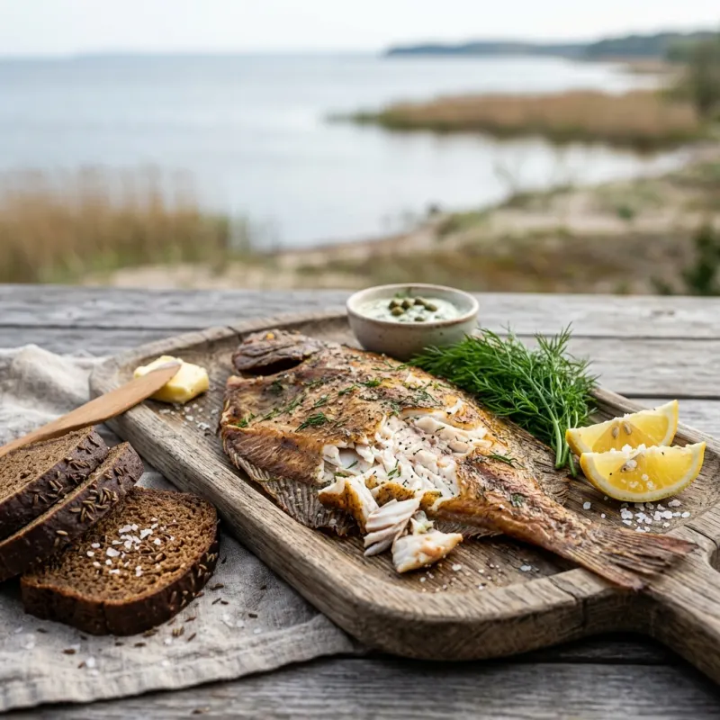 Smoked Baltic flounder on a rustic wooden platter with rye bread and dill
