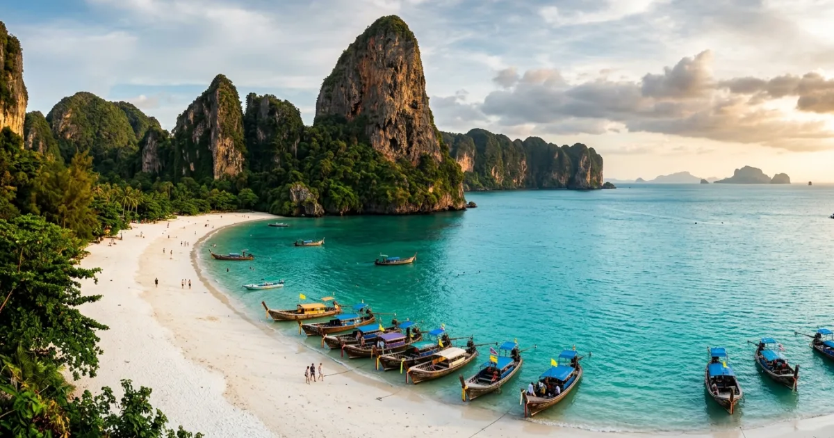 Panoramic view of Railay Beach with turquoise water, limestone cliffs, and traditional longtail boats in Krabi, Thailand