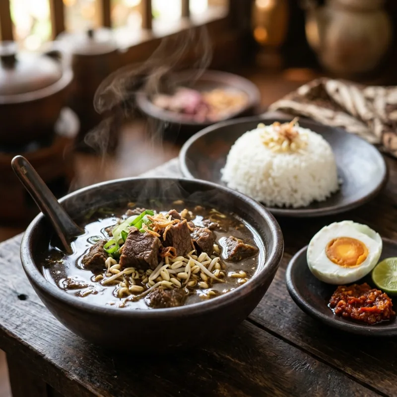 Authentic East Javanese Rawon black beef soup served with salted duck egg and rice