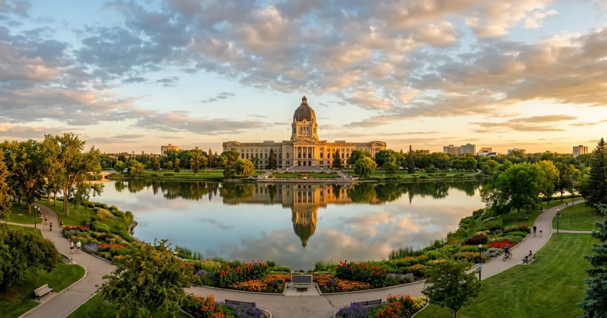 Saskatchewan Legislative Building reflecting in Wascana Lake in Regina