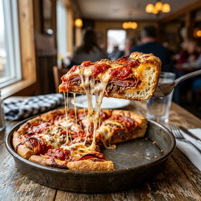 Regina-style deep dish pizza with thick layers of meat and melted cheese