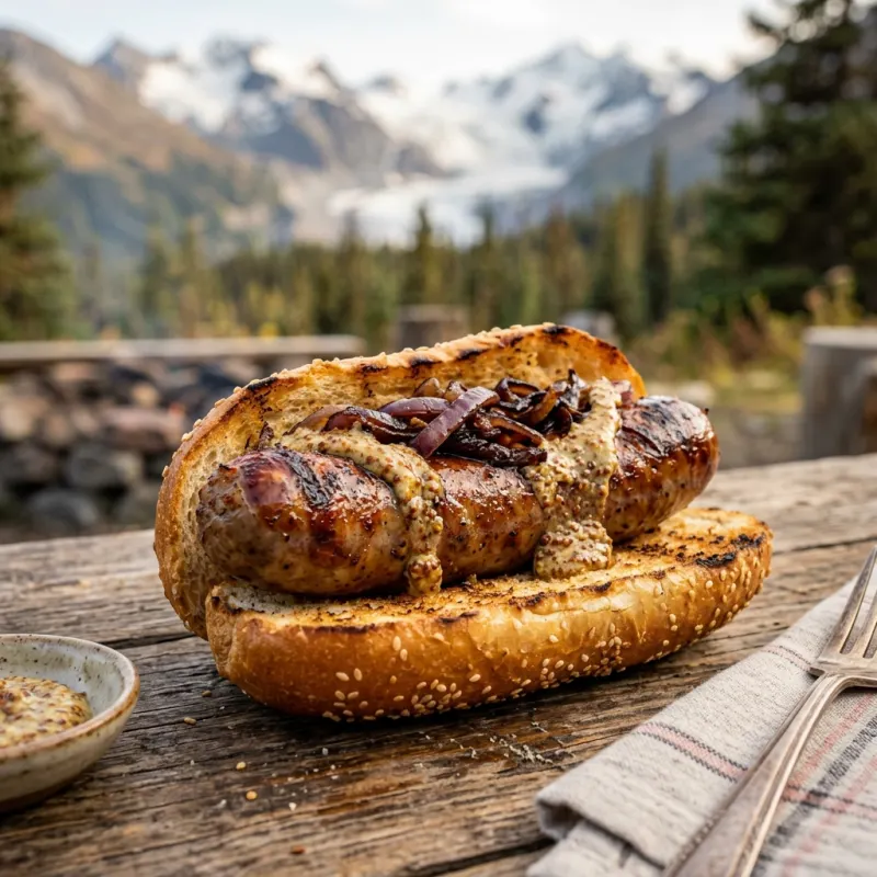 Grilled reindeer sausage in a bun with onions and mustard