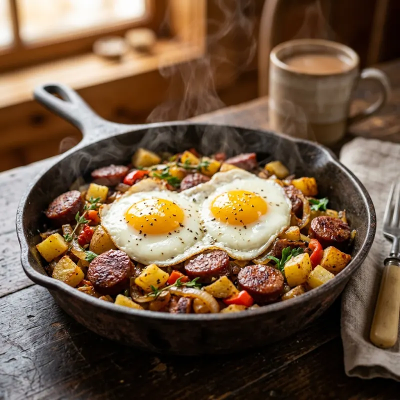 Sizzling Alaskan reindeer sausage breakfast skillet with potatoes and fried eggs