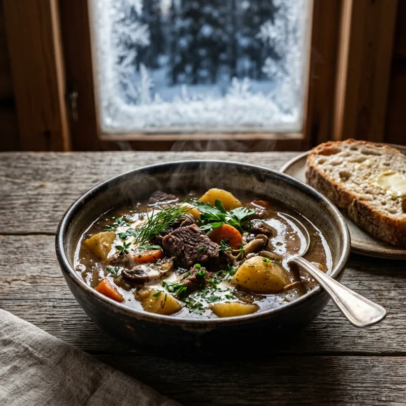 Hearty Arctic reindeer stew in a rustic bowl on a wooden cabin table