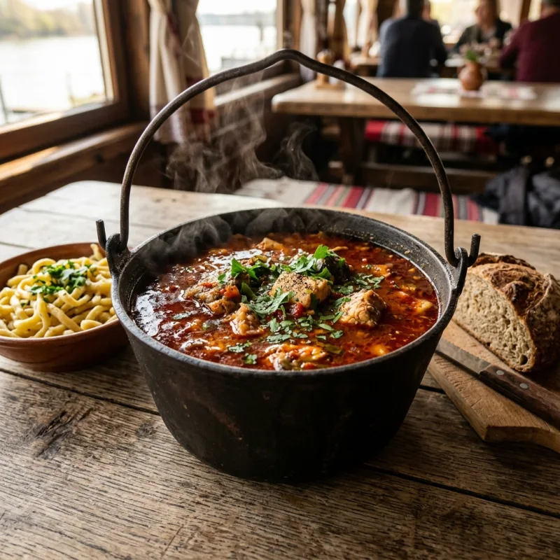 Authentic Serbian riblja čorba spicy Danube river fish soup in an iron kettle
