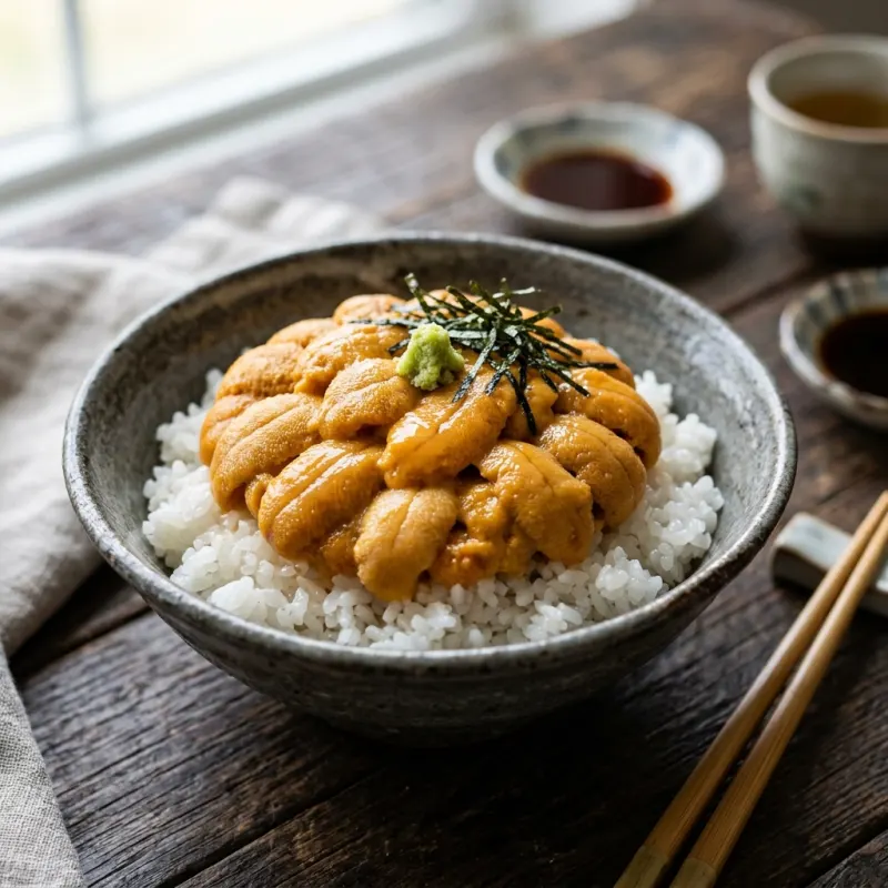 Bowl of fresh golden sea urchin uni don Northern Hokkaido