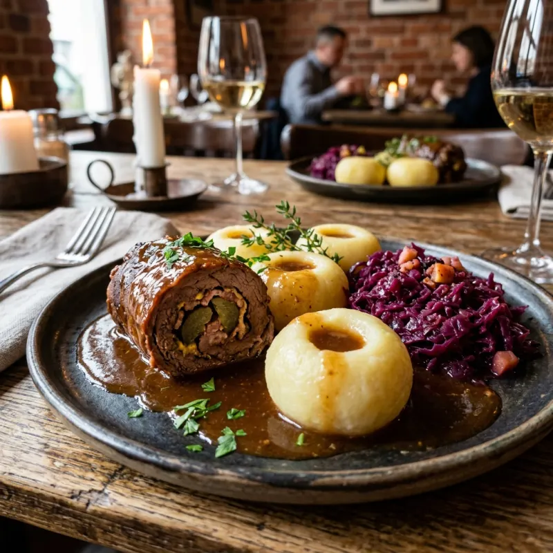 Rolada Śląska served with Silesian dumplings and braised red cabbage