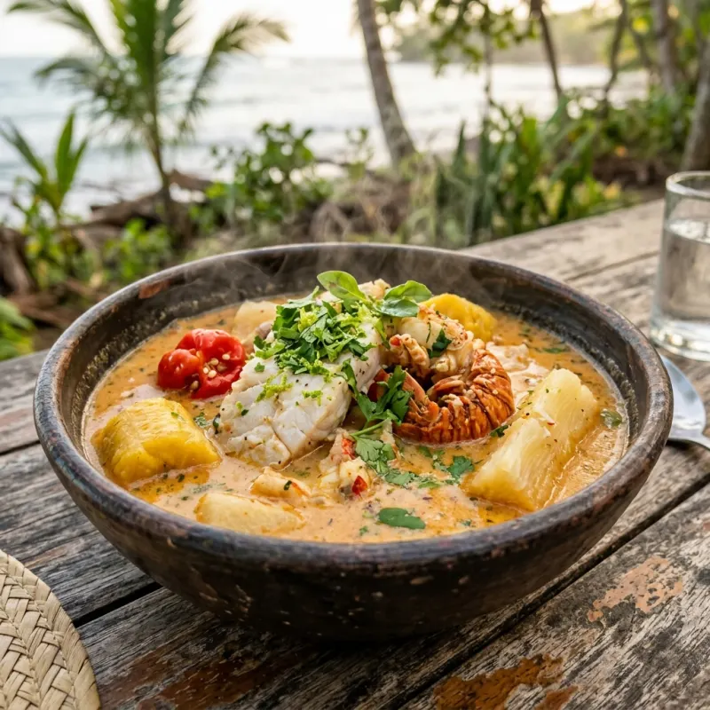 Authentic Caribbean Rondón seafood soup in a rustic bowl with coconut broth and plantains in Cahuita