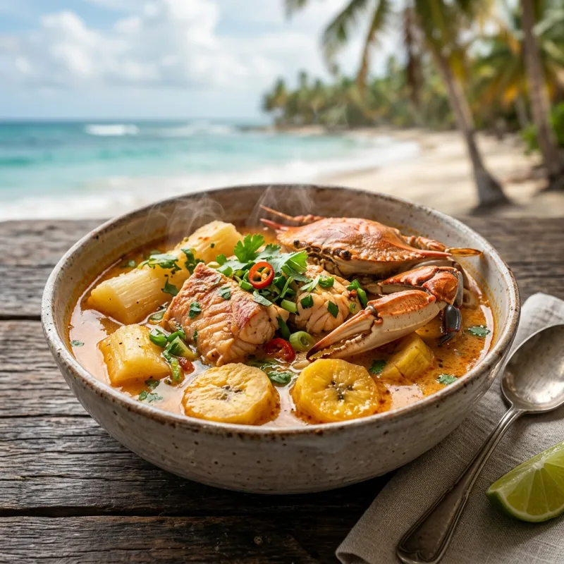 A bowl of traditional Rondón seafood stew in Puerto Viejo