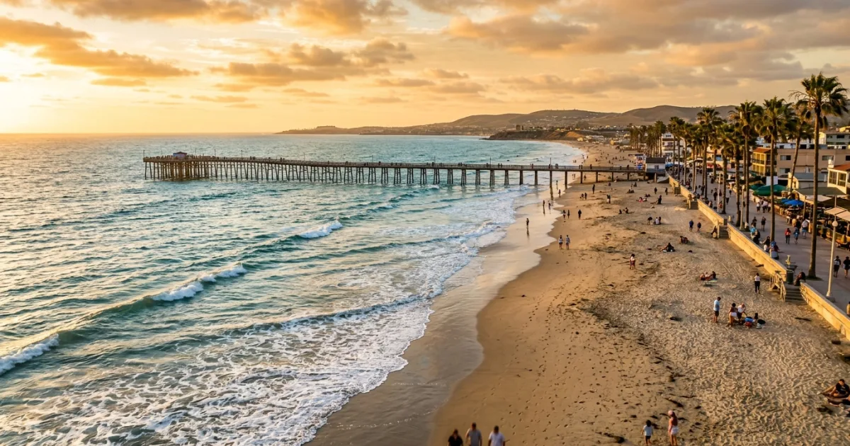 Panoramic sunset view of the wide sandy beach and historic ocean pier in Rosarito, Baja California