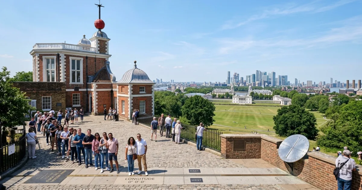 The Royal Observatory in Greenwich featuring Flamsteed House and the Prime Meridian line overlooking London