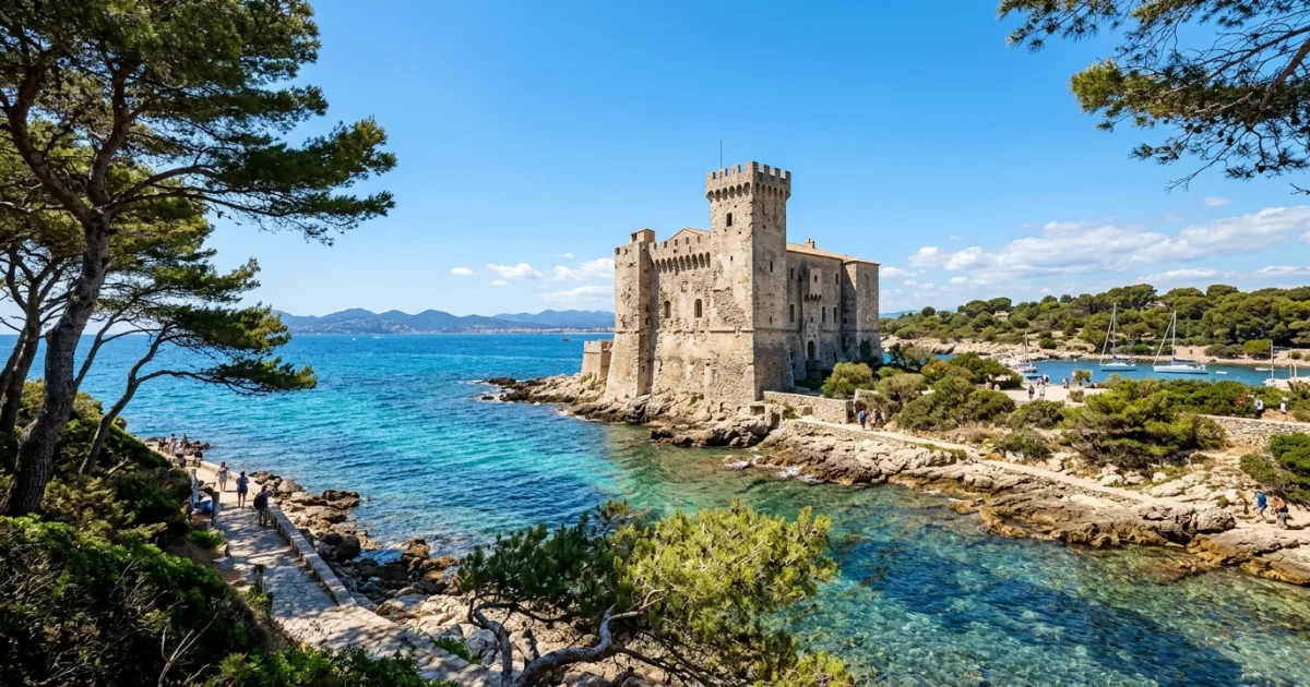 Fortified medieval monastery on Saint Honorat Island surrounded by pine trees and turquoise Mediterranean Sea