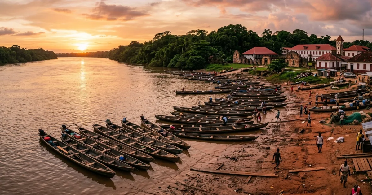 Maroni River with wooden pirogues at Saint-Laurent-du-Maroni in French Guiana