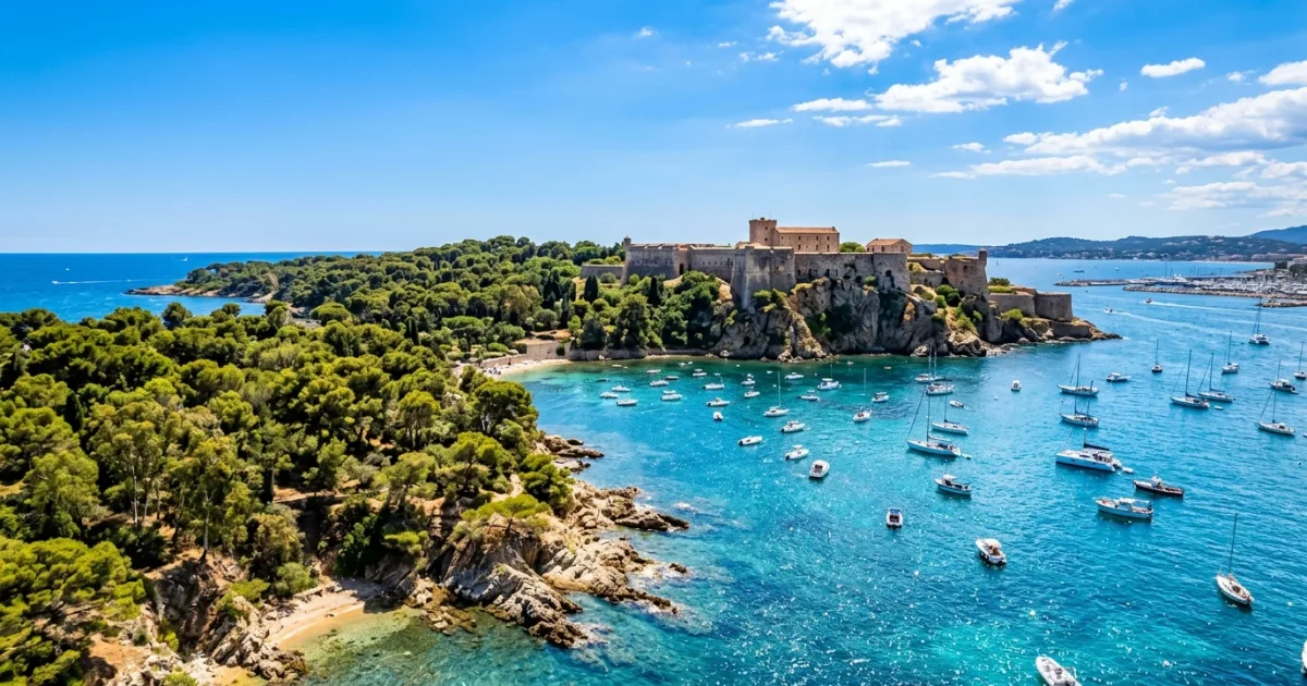 Panoramic view of Sainte Marguerite Island with Fort Royal and turquoise Mediterranean water