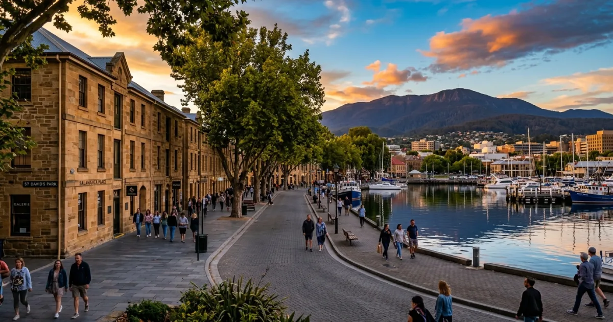 Historic sandstone warehouses lining Salamanca Place in Hobart Tasmania