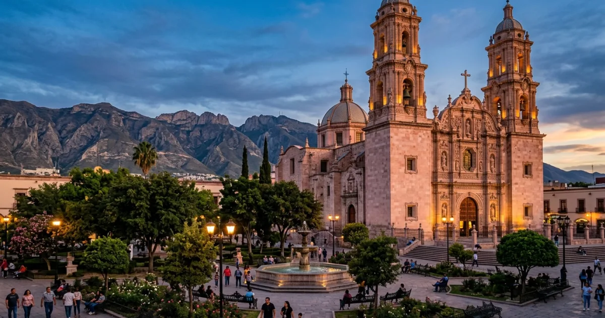 The illuminated Catedral de Santiago and Plaza de Armas in Saltillo, Mexico at dusk
