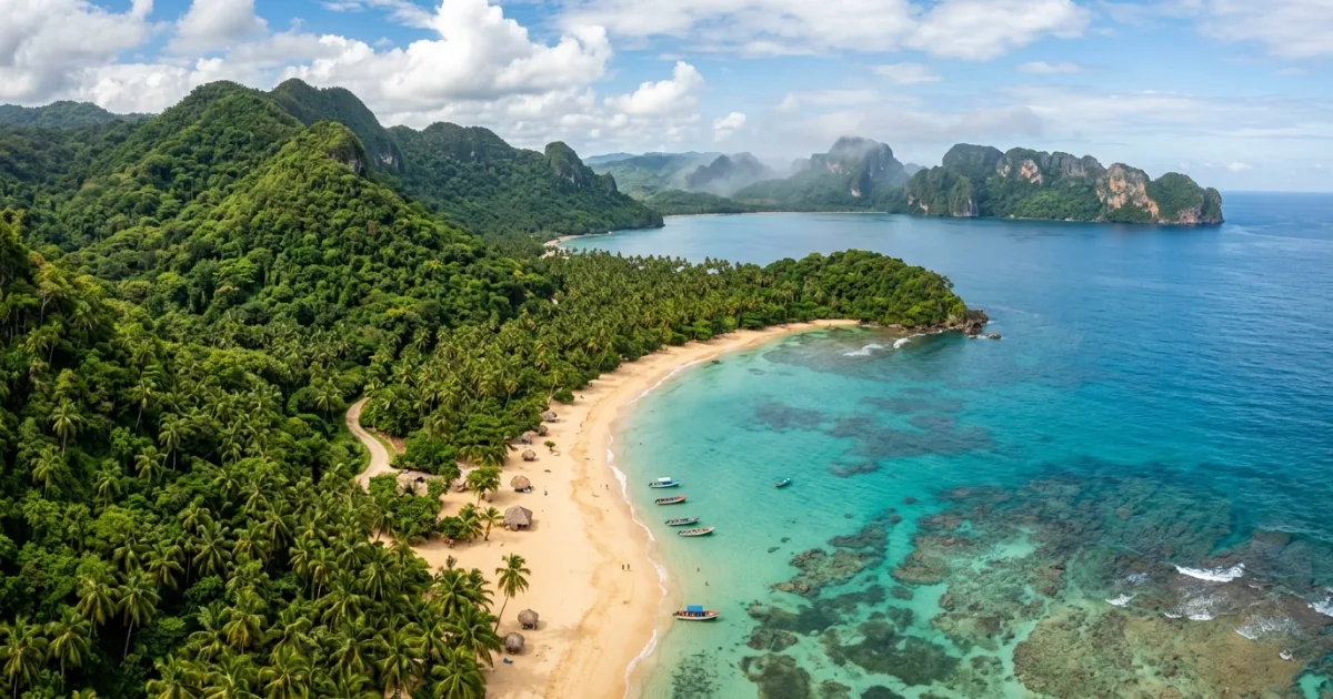 Panoramic aerial view of the lush coastline and tropical beaches of the Samana Peninsula in the Dominican Republic