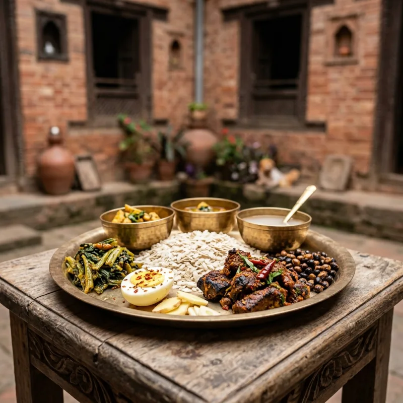 Traditional Newari Samay Baji feast platter on a brass plate in Kathmandu