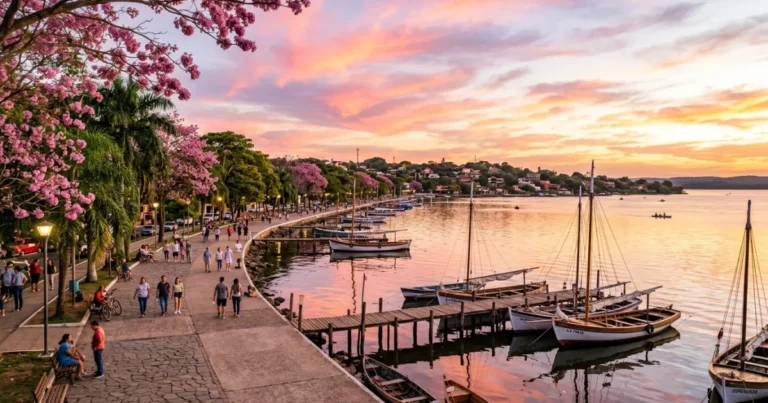 San Bernardino 8 Panoramic sunset over Lake Ypacaraí along the waterfront promenade in San Bernardino, Paraguay.
