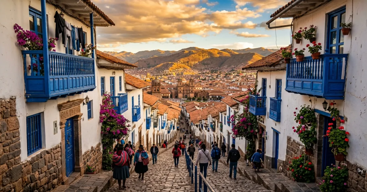 Steep cobblestone alley lined with whitewashed houses and blue balconies in San Blas Cusco overlooking the city at sunset