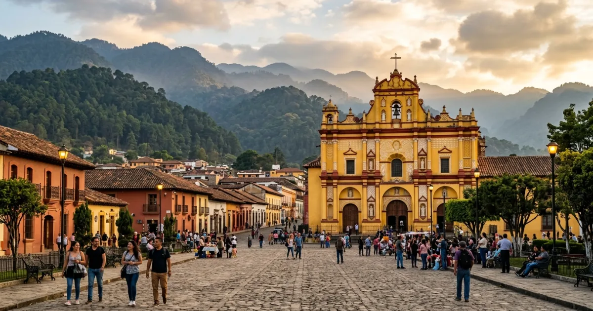 San Cristóbal de las Casas cathedral and colonial town square with mountain backdrop in Chiapas Mexico