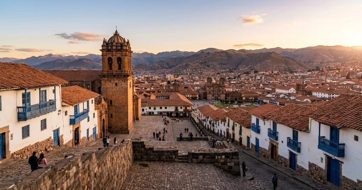 Panoramic wide-angle view of San Cristóbal plaza and church overlooking Cusco Peru
