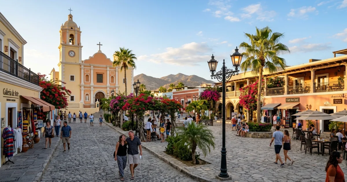 Colonial plaza and historic church in San Jose del Cabo under golden afternoon light