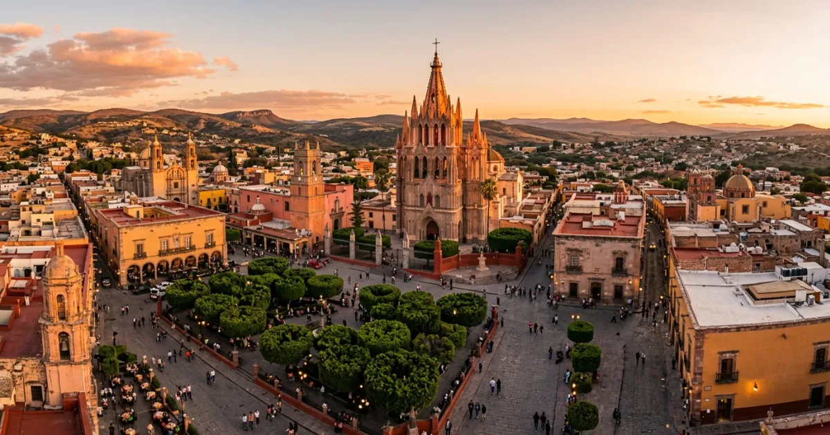 Panoramic golden hour view of the Parroquia de San Miguel Arcangel and colonial plaza in San Miguel de Allende