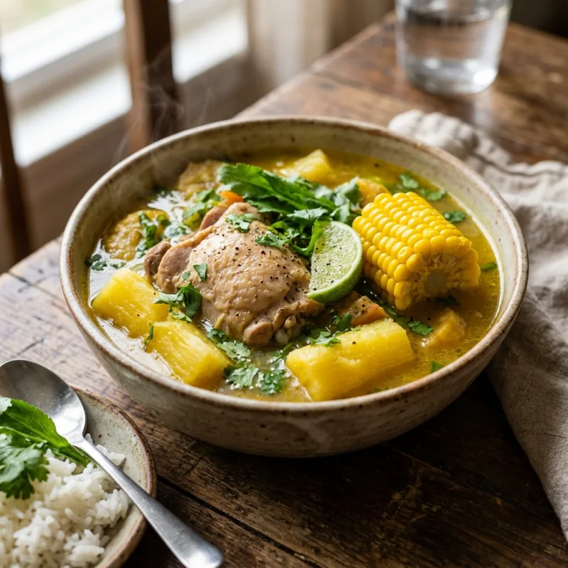 A bowl of traditional Panamanian Sancocho de Gallina soup