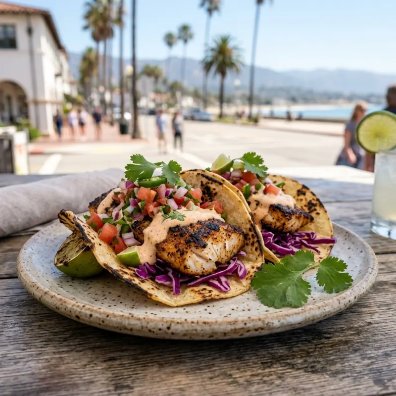 Santa Barbara Fish Tacos with fresh pico de gallo and lime crema