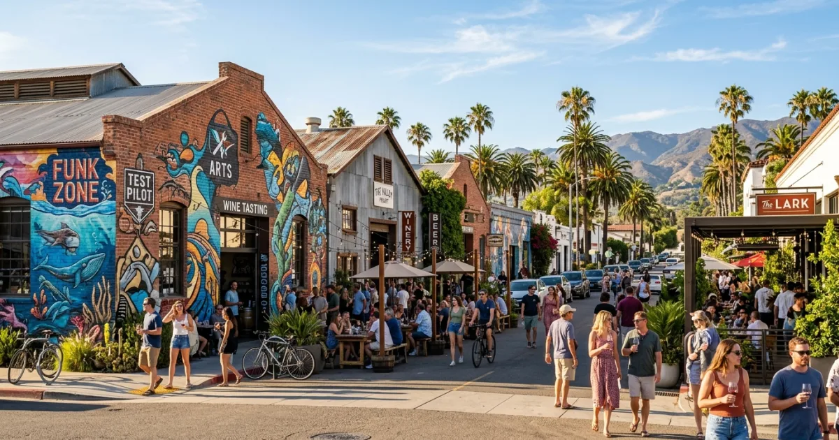 Colorful street art and outdoor wine tasting patios in the Santa Barbara Funk Zone