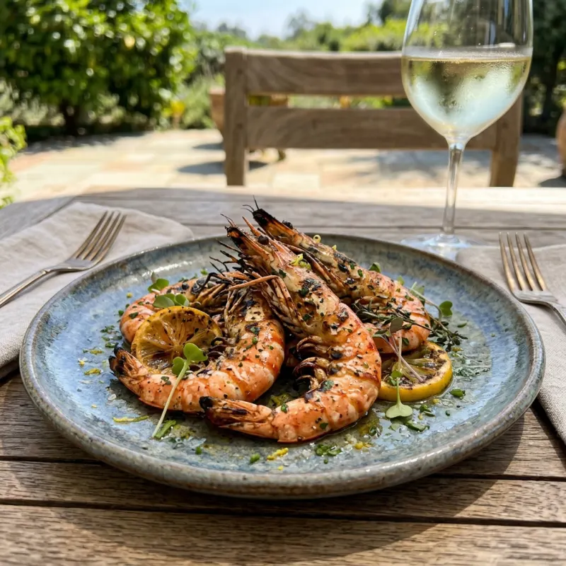 Grilled Santa Barbara spot prawns on a rustic plate