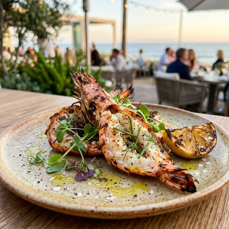 Grilled Santa Barbara Spot Prawns on a ceramic plate