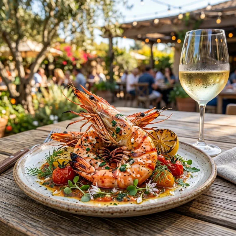 Grilled Santa Barbara Spot Prawns with a glass of white wine