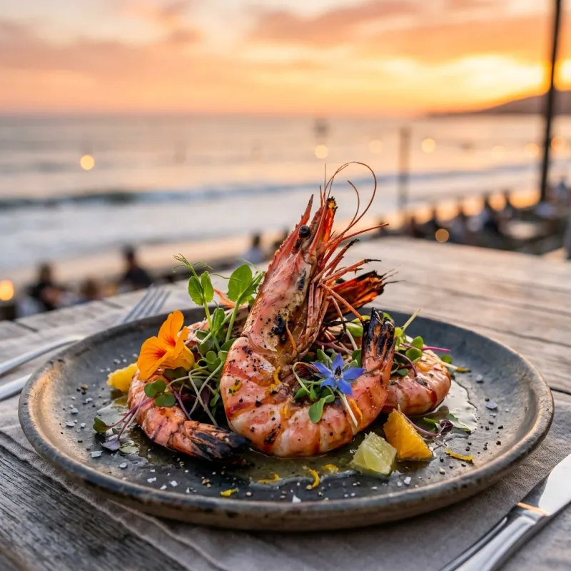 Grilled Santa Barbara Spot Prawns on a ceramic plate