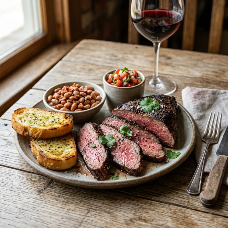 Santa Maria Style Tri-Tip with beans and garlic bread