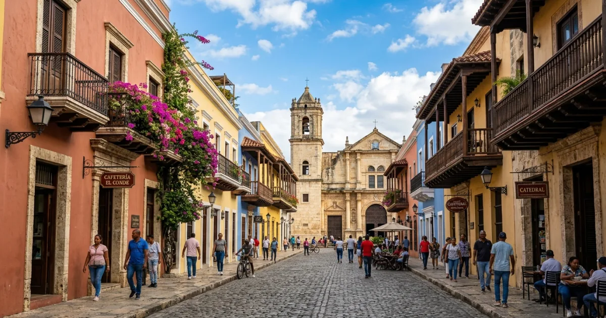 Cobblestone street and colonial architecture in Ciudad Colonial, Santo Domingo